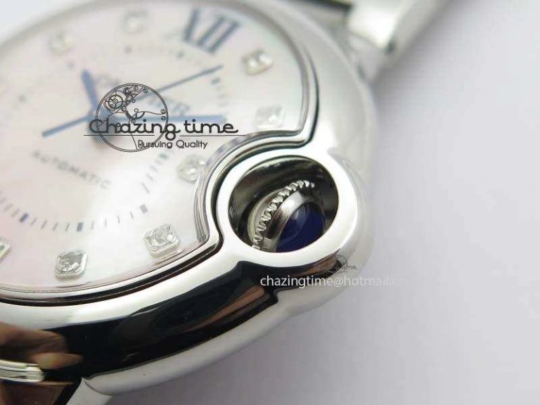 Thermal Ballon Bleu 33mm SS V6F Diamond Markers Pink Mop Dial On SS Bracelet Ronda Quartz 6306