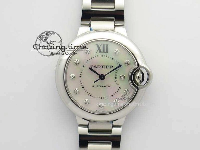 Resilient Ballon Bleu 33mm SS V6F Diamond Markers White Mop Dial On SS Bracelet Ronda Quartz 10770