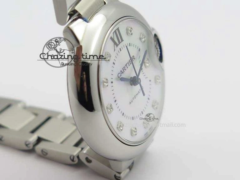 Resilient Ballon Bleu 33mm SS V6F Diamond Markers White Mop Dial On SS Bracelet Ronda Quartz 10770