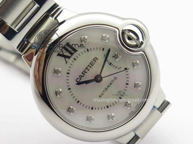 Resilient Ballon Bleu 33mm SS V6F Diamond Markers White Mop Dial On SS Bracelet Ronda Quartz 10770