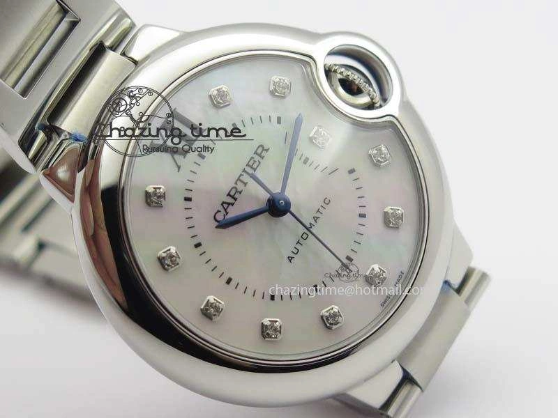 Resilient Ballon Bleu 33mm SS V6F Diamond Markers White Mop Dial On SS Bracelet Ronda Quartz 10770