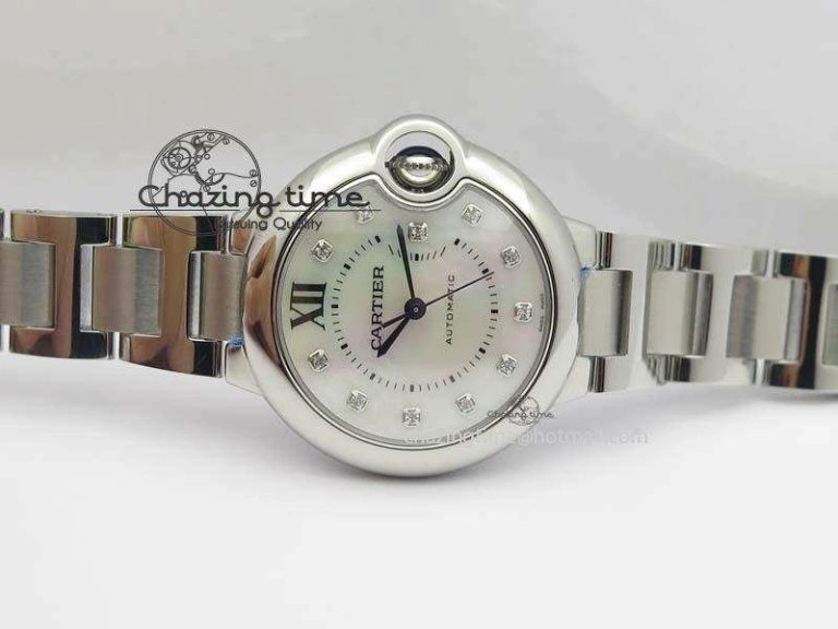Resilient Ballon Bleu 33mm SS V6F Diamond Markers White Mop Dial On SS Bracelet Ronda Quartz 10770