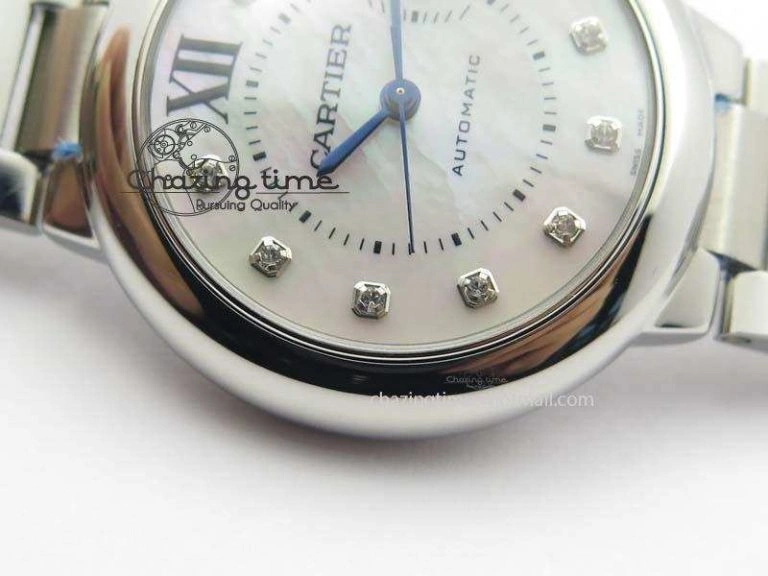 Resilient Ballon Bleu 33mm SS V6F Diamond Markers White Mop Dial On SS Bracelet Ronda Quartz 10770