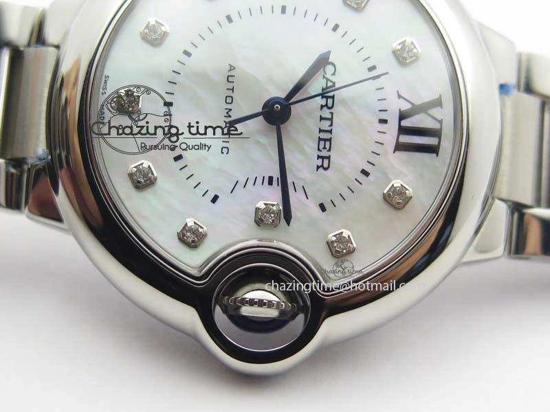 Resilient Ballon Bleu 33mm SS V6F Diamond Markers White Mop Dial On SS Bracelet Ronda Quartz 10770