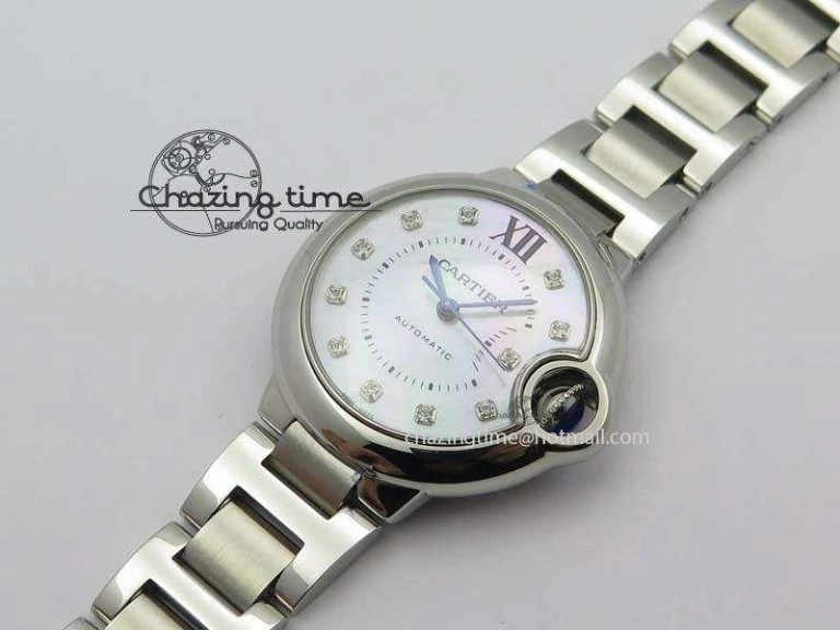 Resilient Ballon Bleu 33mm SS V6F Diamond Markers White Mop Dial On SS Bracelet Ronda Quartz 10770