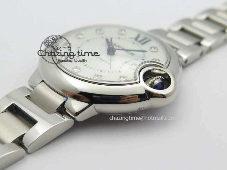 Resilient Ballon Bleu 33mm SS V6F Diamond Markers White Mop Dial On SS Bracelet Ronda Quartz 10770