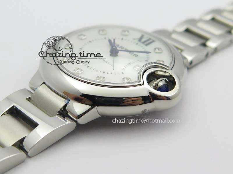 Resilient Ballon Bleu 33mm SS V6F Diamond Markers White Mop Dial On SS Bracelet Ronda Quartz 10770