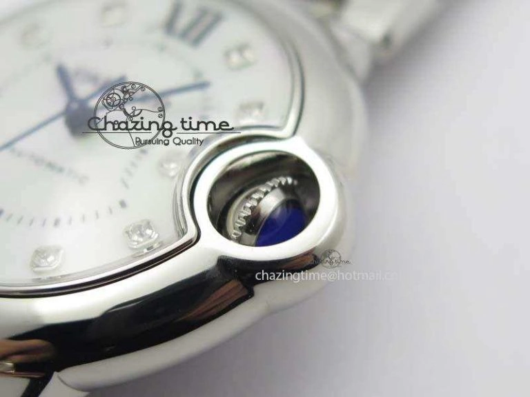Resilient Ballon Bleu 33mm SS V6F Diamond Markers White Mop Dial On SS Bracelet Ronda Quartz 10770