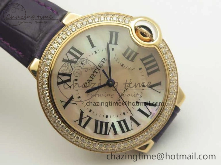 Unisex Ballon Bleu 36mm RG V6F 1:1 Best Edition Pink MOP Dial Crystal Bezel on Leather Strap SEIKO NH05A 10703