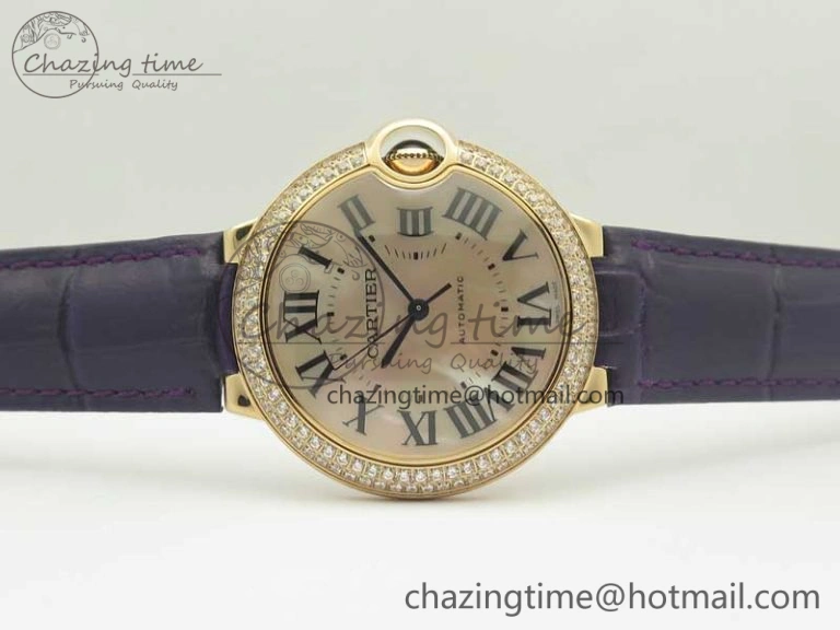 Unisex Ballon Bleu 36mm RG V6F 1:1 Best Edition Pink MOP Dial Crystal Bezel on Leather Strap SEIKO NH05A 10703