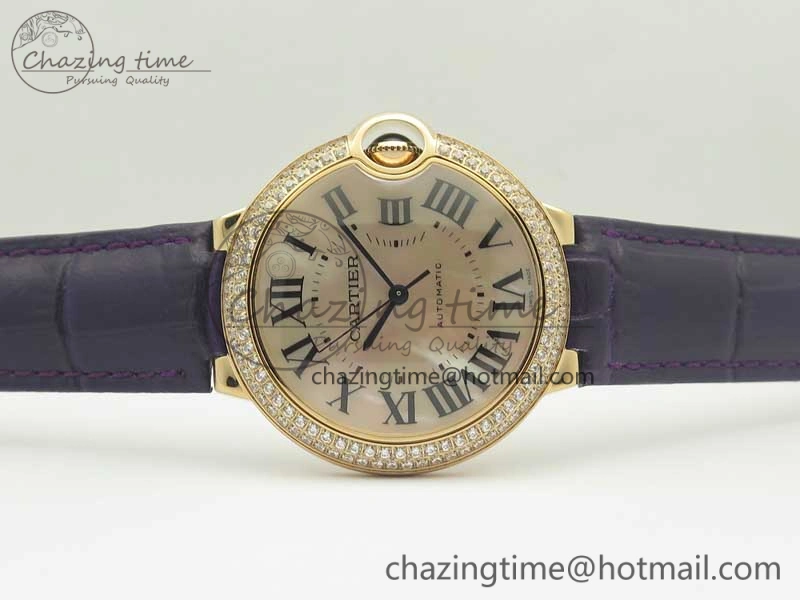 Unisex Ballon Bleu 36mm RG V6F 1:1 Best Edition Pink MOP Dial Crystal Bezel on Leather Strap SEIKO NH05A 10703