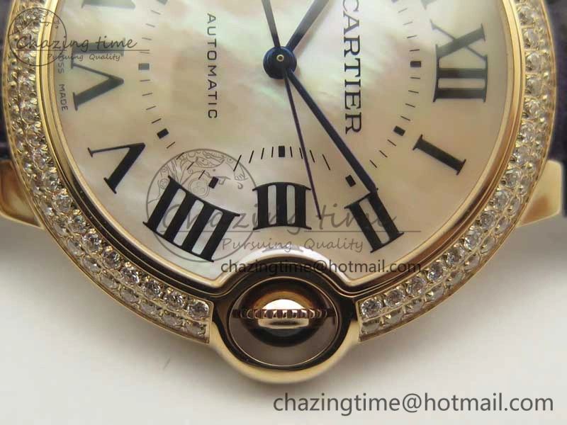 Unisex Ballon Bleu 36mm RG V6F 1:1 Best Edition Pink MOP Dial Crystal Bezel on Leather Strap SEIKO NH05A 10703