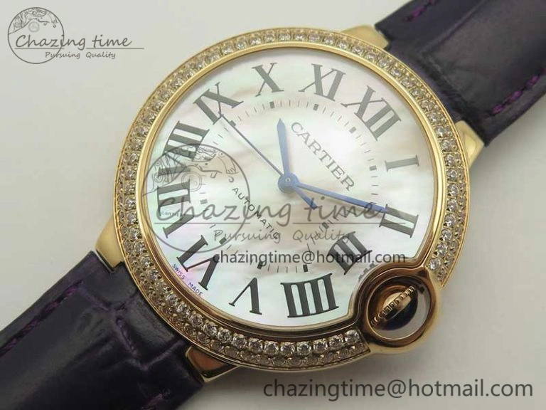 Unisex Ballon Bleu 36mm RG V6F 1:1 Best Edition Pink MOP Dial Crystal Bezel on Leather Strap SEIKO NH05A 10703