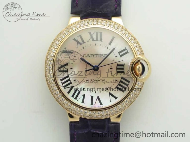 Ballon Bleu 36mm RG V6F 1:1 Best Edition Pink MOP Dial Crystal Bezel on Leather Strap SEIKO NH05A Practical 6223