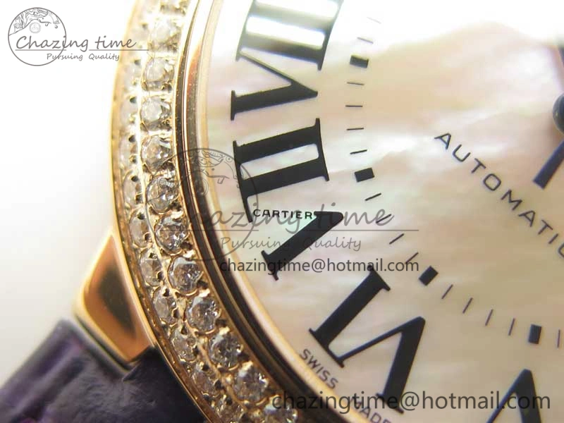 Unisex Ballon Bleu 36mm RG V6F 1:1 Best Edition Pink MOP Dial Crystal Bezel on Leather Strap SEIKO NH05A 10703