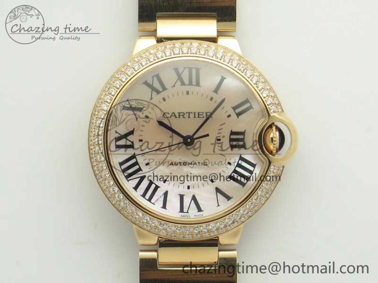 HighQuality Ballon Bleu 36mm RG V6F 1:1 Best Edition Pink MOP Dial Crystal Bezel on RG Bracelet SEIKO NH05A 10704