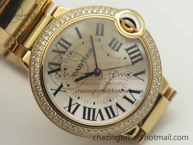 HighQuality Ballon Bleu 36mm RG V6F 1:1 Best Edition Pink MOP Dial Crystal Bezel on RG Bracelet SEIKO NH05A 10704