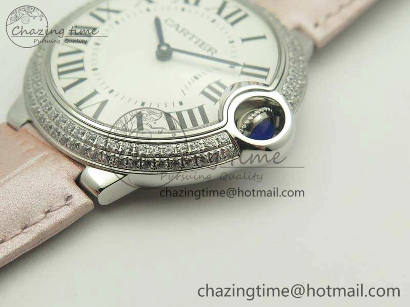 Functional Ballon Bleu 36mm SS V6F 1:1 Best Edition White Dial Diamond Bezel On Leather Strap Quartz 10734