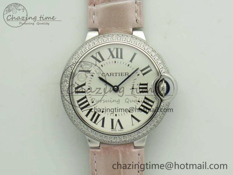 HighQuality Ballon Bleu 36mm SS V6F 1:1 Best Edition White Dial Diamond Bezel On Leather Strap Quartz 6256