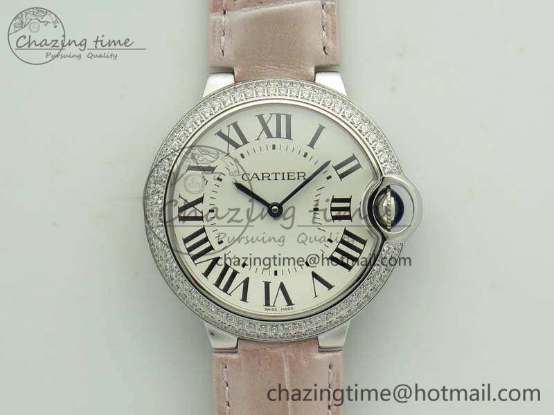 Functional Ballon Bleu 36mm SS V6F 1:1 Best Edition White Dial Diamond Bezel On Leather Strap Quartz 10734