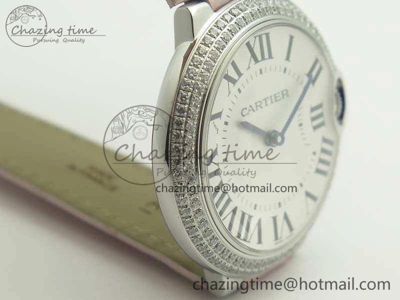 Functional Ballon Bleu 36mm SS V6F 1:1 Best Edition White Dial Diamond Bezel On Leather Strap Quartz 10734