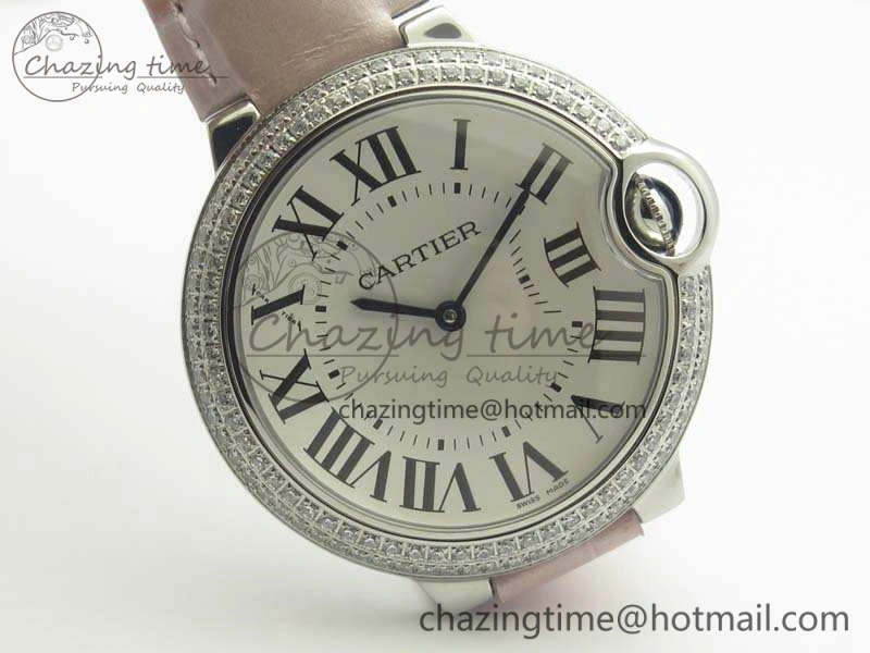 Functional Ballon Bleu 36mm SS V6F 1:1 Best Edition White Dial Diamond Bezel On Leather Strap Quartz 10734