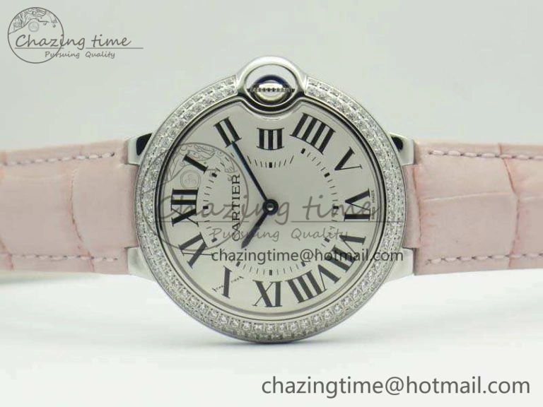 Functional Ballon Bleu 36mm SS V6F 1:1 Best Edition White Dial Diamond Bezel On Leather Strap Quartz 10734