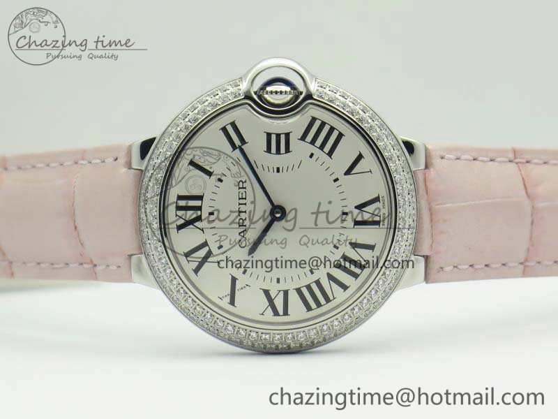 Functional Ballon Bleu 36mm SS V6F 1:1 Best Edition White Dial Diamond Bezel On Leather Strap Quartz 10734