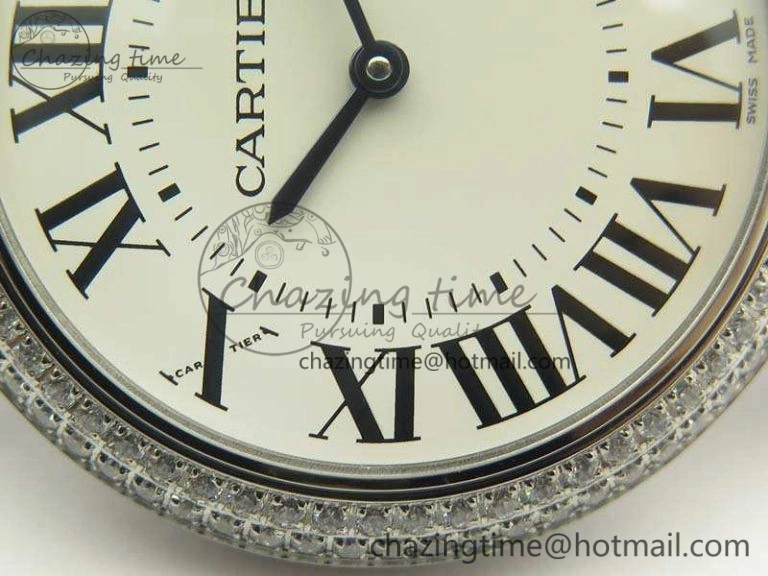 Functional Ballon Bleu 36mm SS V6F 1:1 Best Edition White Dial Diamond Bezel On Leather Strap Quartz 10734