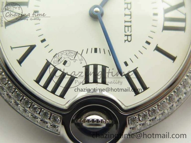 Functional Ballon Bleu 36mm SS V6F 1:1 Best Edition White Dial Diamond Bezel On Leather Strap Quartz 10734
