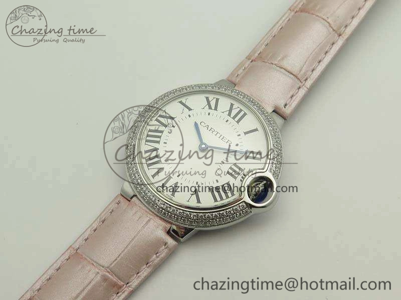 Functional Ballon Bleu 36mm SS V6F 1:1 Best Edition White Dial Diamond Bezel On Leather Strap Quartz 10734