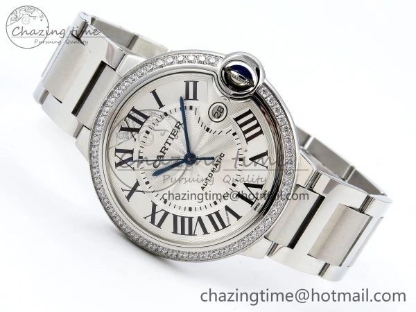 Popular Ballon Bleu 42mm SS CHF 1:1 Best Edition White Texture Dial 1Line Diamonds Bezel on SS Bracelet A 5977