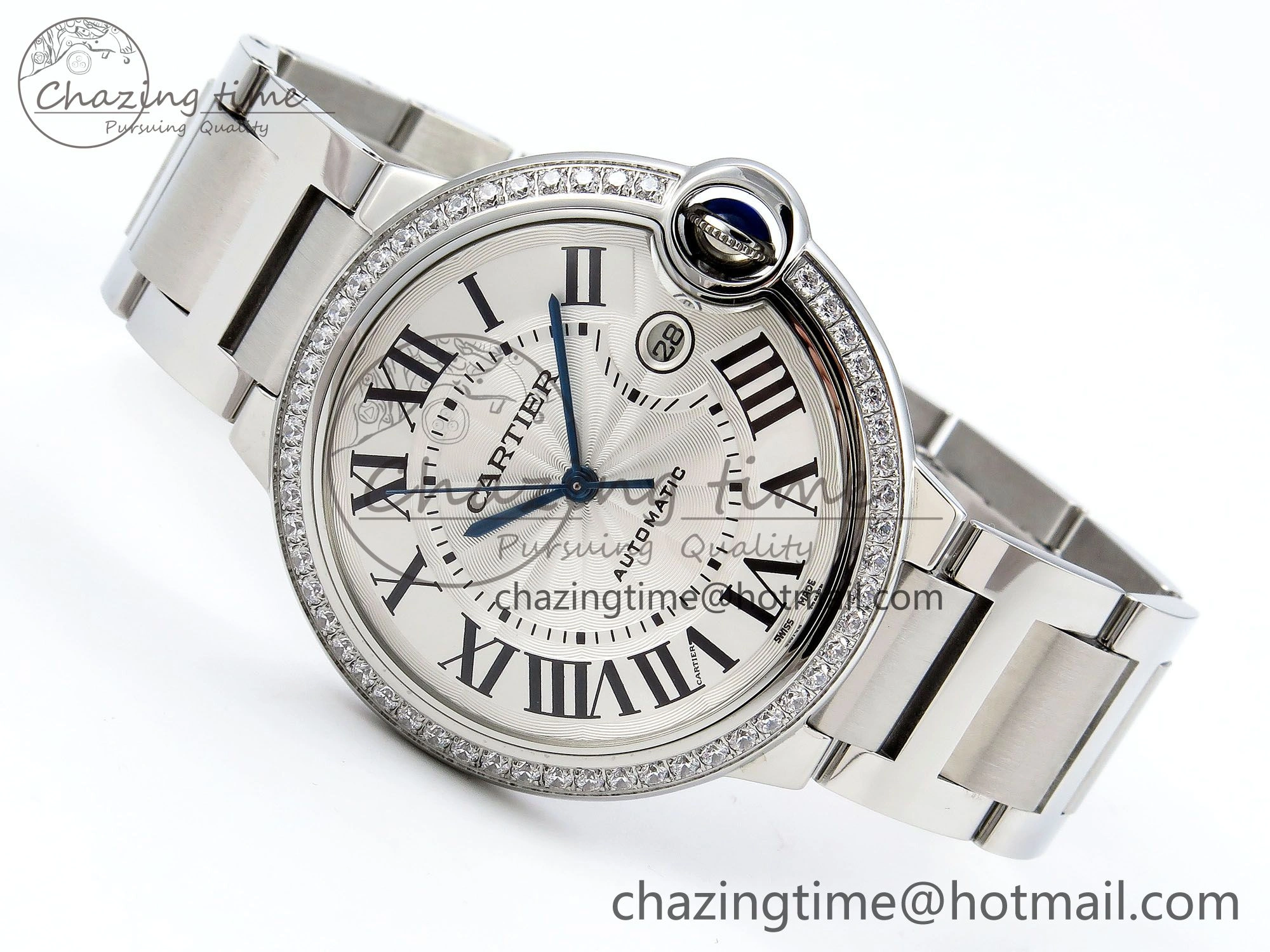 Popular Ballon Bleu 42mm SS CHF 1:1 Best Edition White Texture Dial 1Line Diamonds Bezel on SS Bracelet A 5977