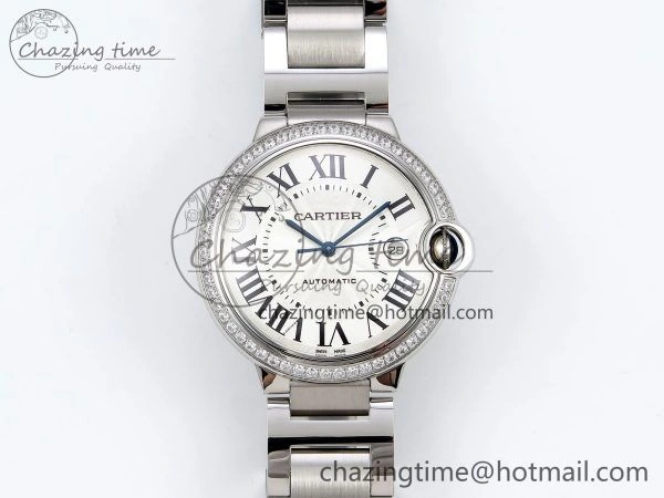 Popular Ballon Bleu 42mm SS CHF 1:1 Best Edition White Texture Dial 1Line Diamonds Bezel on SS Bracelet A 5977