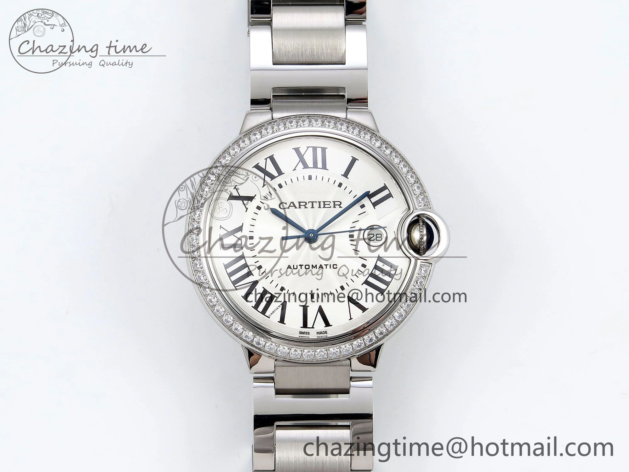 Popular Ballon Bleu 42mm SS CHF 1:1 Best Edition White Texture Dial 1Line Diamonds Bezel on SS Bracelet A 5977