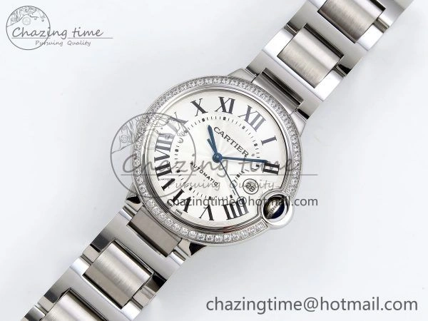 Popular Ballon Bleu 42mm SS CHF 1:1 Best Edition White Texture Dial 1Line Diamonds Bezel on SS Bracelet A 5977