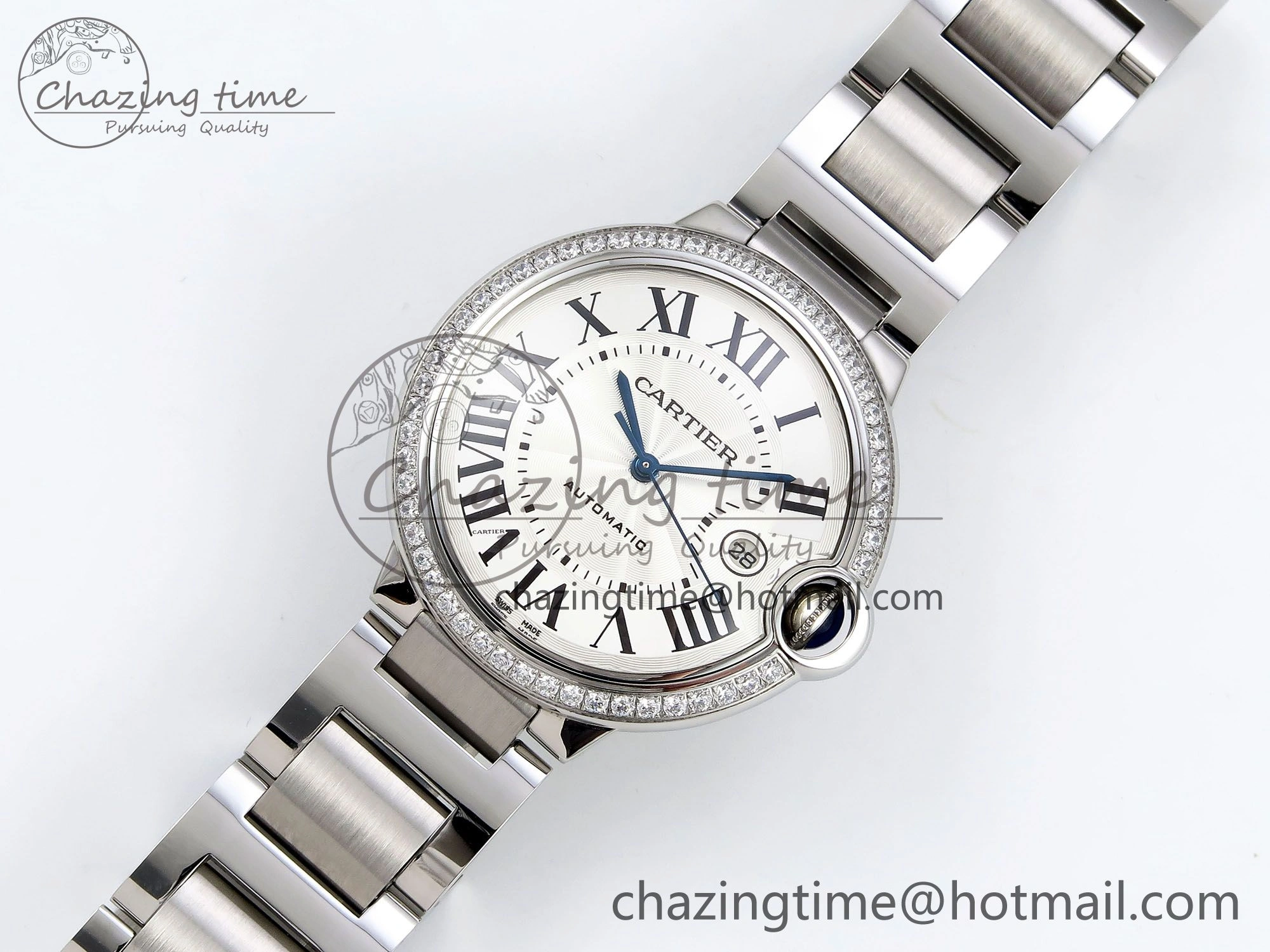 Popular Ballon Bleu 42mm SS CHF 1:1 Best Edition White Texture Dial 1Line Diamonds Bezel on SS Bracelet A 5977