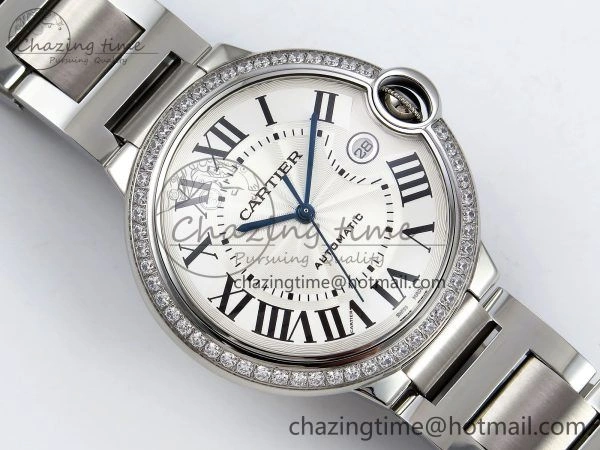 Popular Ballon Bleu 42mm SS CHF 1:1 Best Edition White Texture Dial 1Line Diamonds Bezel on SS Bracelet A 5977