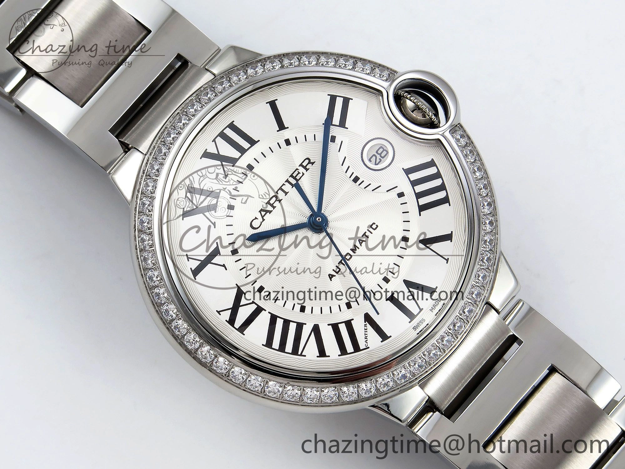 Popular Ballon Bleu 42mm SS CHF 1:1 Best Edition White Texture Dial 1Line Diamonds Bezel on SS Bracelet A 5977