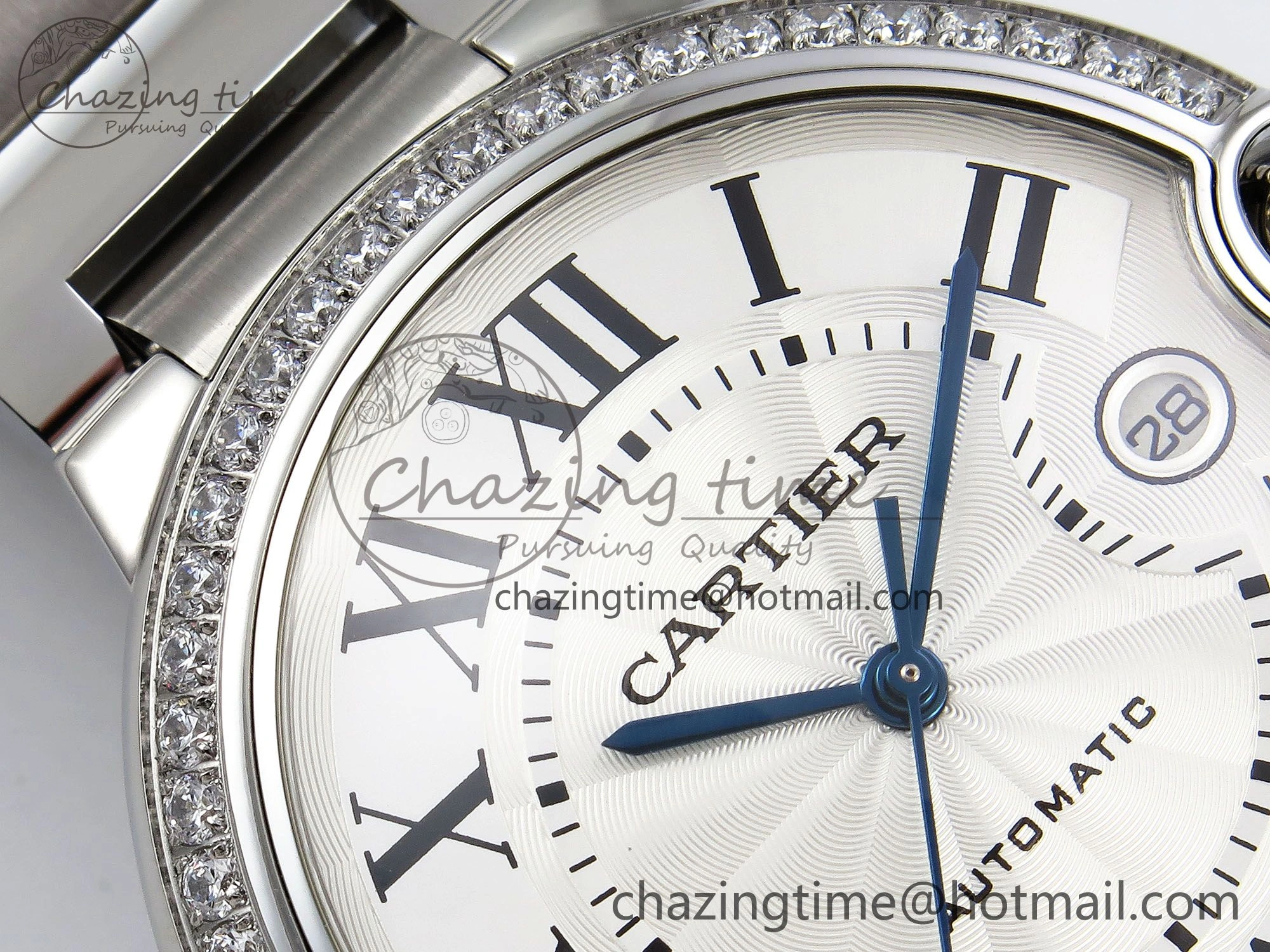 Popular Ballon Bleu 42mm SS CHF 1:1 Best Edition White Texture Dial 1Line Diamonds Bezel on SS Bracelet A 5977