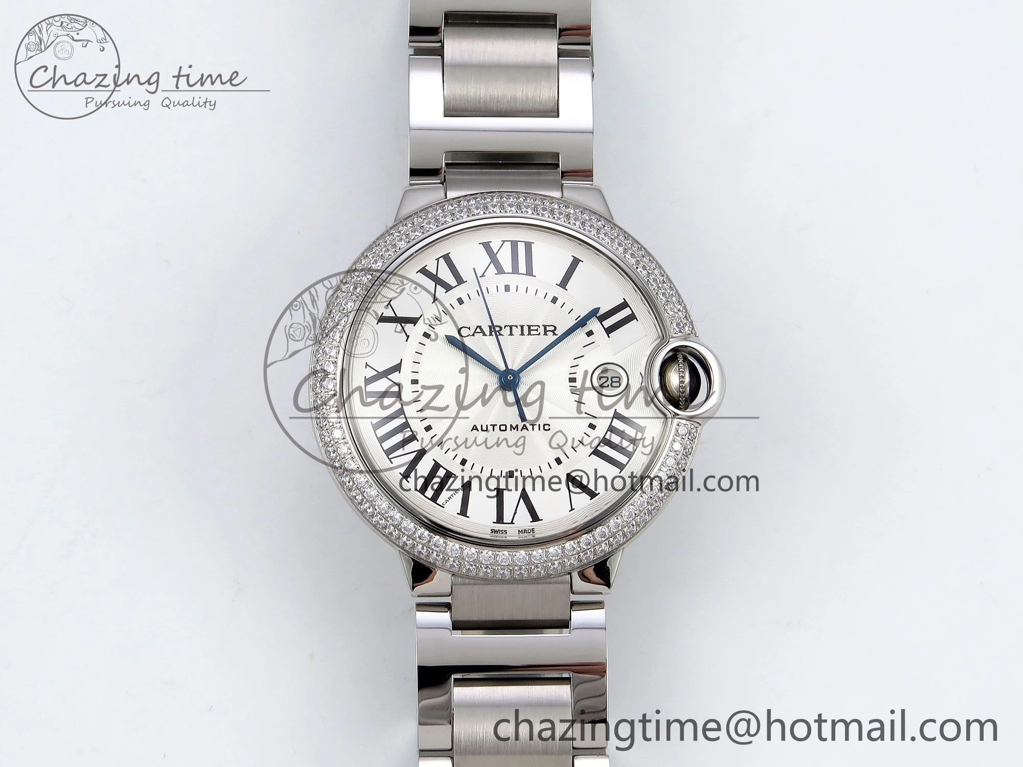 Attractive Ballon Bleu 42mm SS CHF 1:1 Best Edition White Texture Dial 2Line Diamonds Bezel on SS Bracelet A 5981