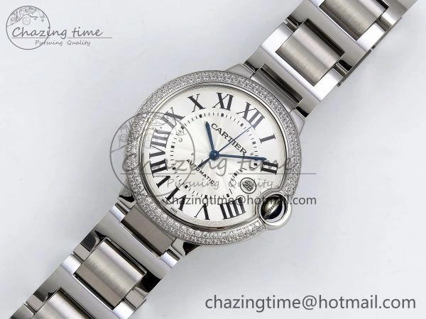 Attractive Ballon Bleu 42mm SS CHF 1:1 Best Edition White Texture Dial 2Line Diamonds Bezel on SS Bracelet A 5981