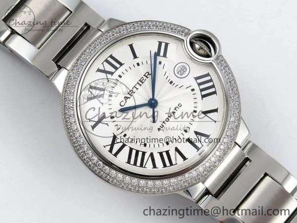 Attractive Ballon Bleu 42mm SS CHF 1:1 Best Edition White Texture Dial 2Line Diamonds Bezel on SS Bracelet A 5981