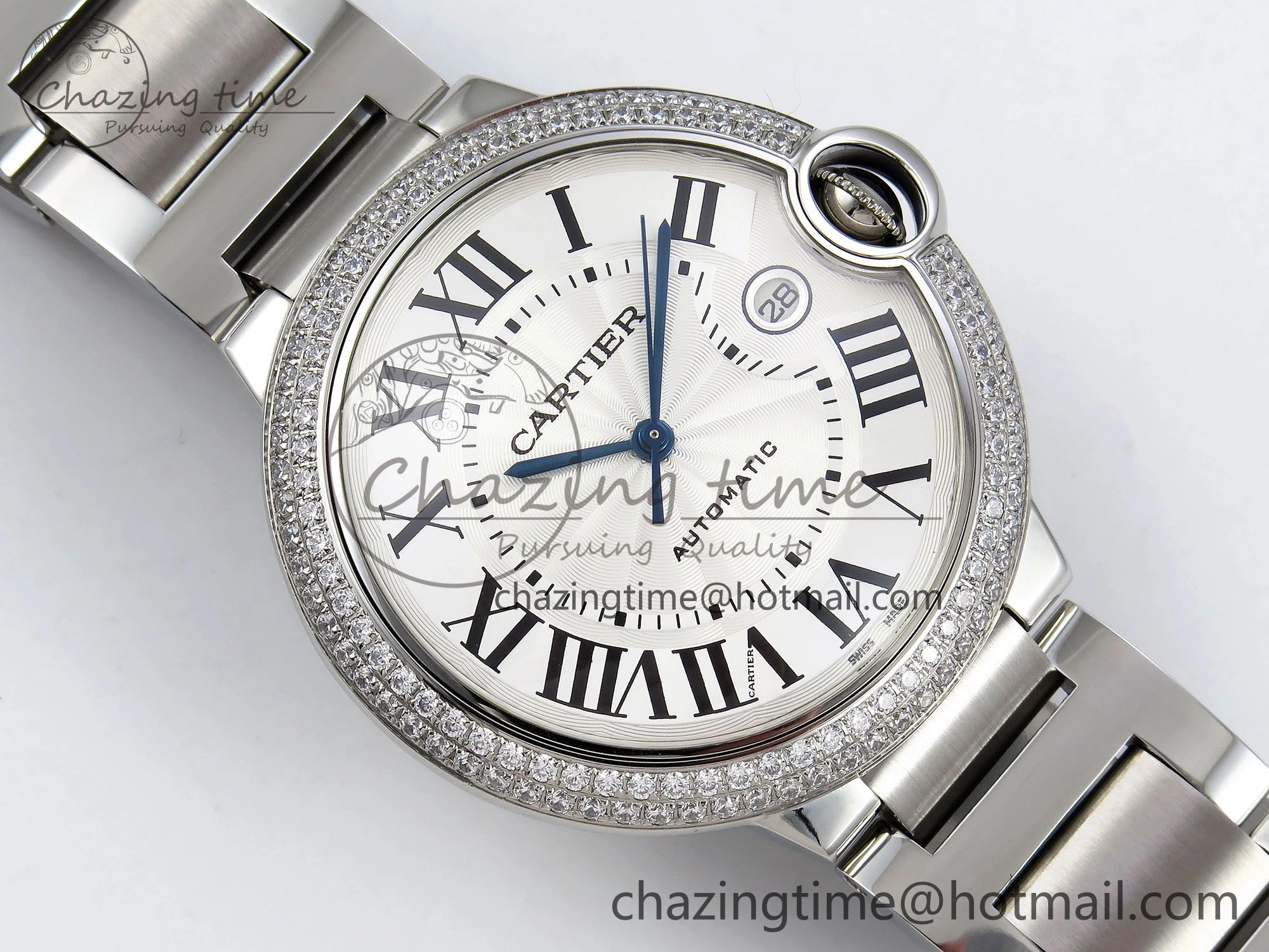 Attractive Ballon Bleu 42mm SS CHF 1:1 Best Edition White Texture Dial 2Line Diamonds Bezel on SS Bracelet A 5981