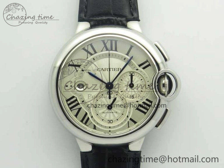 Durable Ballon Bleu De Cartier Chrono 47mm SS ZF 1:1 Best Edition Cream White Textured Dial On Leather Strap A 6244