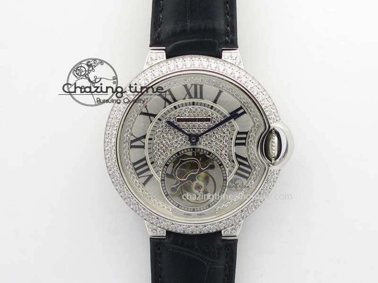 Ballon Bleu De Cartier Tourbillon SS Full Paved Diamonds On Black Leather Strap ComfortFit 6321