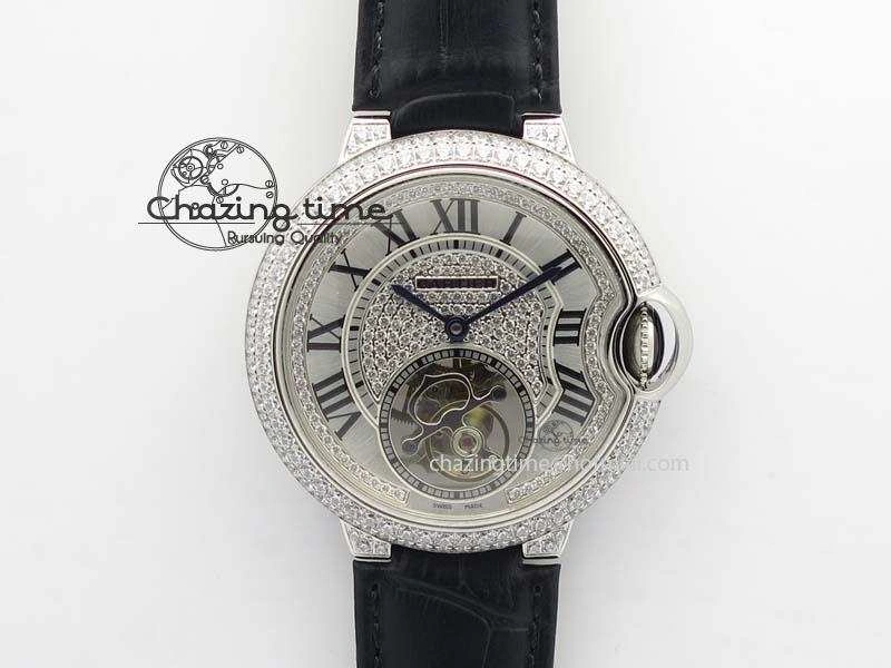 Ballon Bleu De Cartier Tourbillon SS Full Paved Diamonds On Black Leather Strap ComfortFit 6321