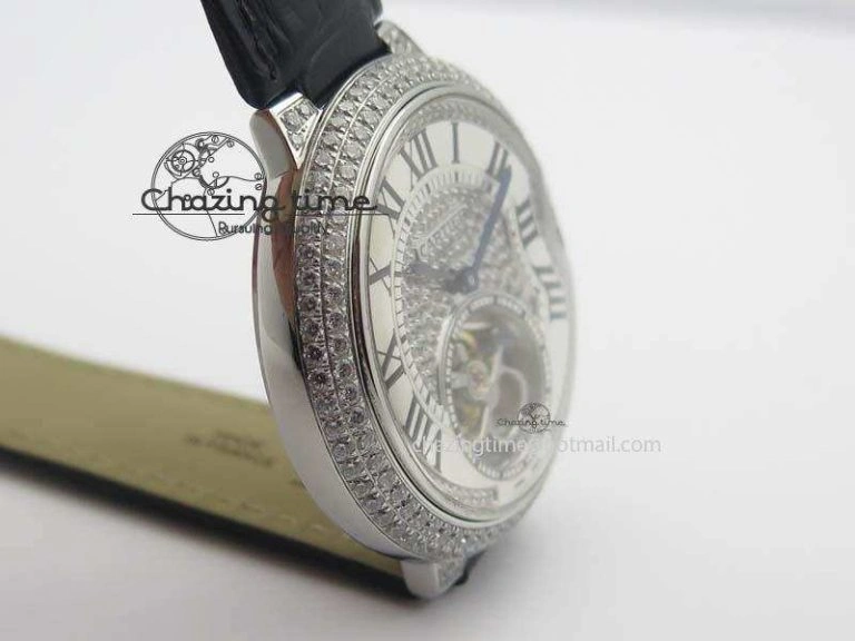 Ballon Bleu De Cartier Tourbillon SS Full Paved Diamonds On Black Leather Strap ComfortFit 6321