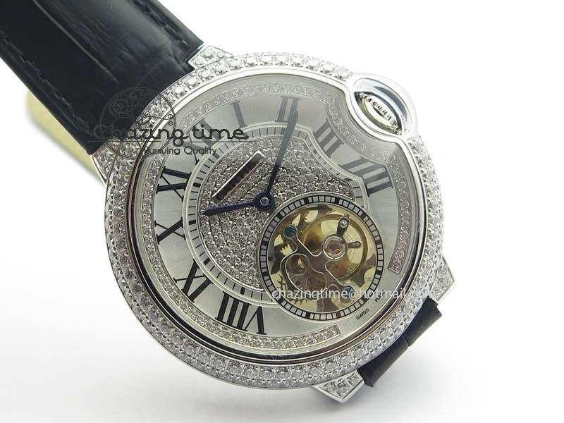 Ballon Bleu De Cartier Tourbillon SS Full Paved Diamonds On Black Leather Strap ComfortFit 6321