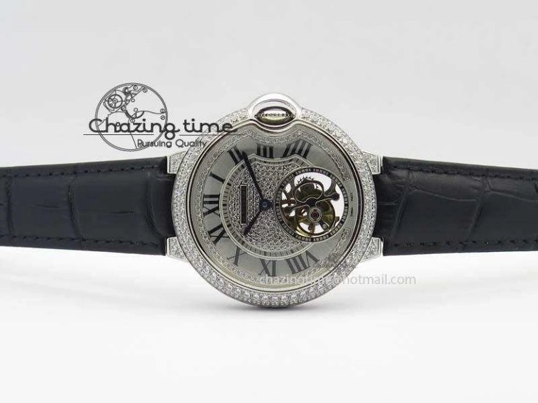 Ballon Bleu De Cartier Tourbillon SS Full Paved Diamonds On Black Leather Strap ComfortFit 6321